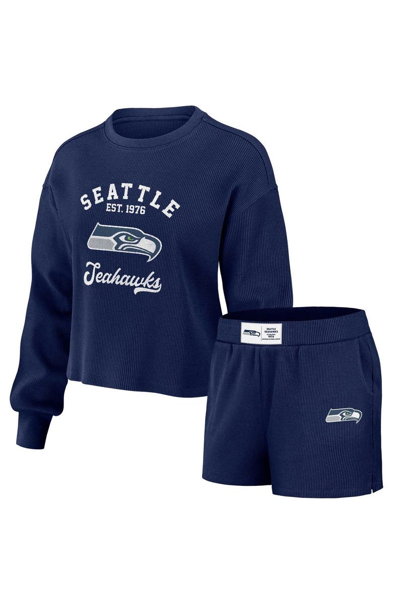WEAR by Erin Andrews Women's WEAR by Erin Andrews Navy Seattle Seahawks Waffle Knit Long Sleeve T-Shirt & Shorts Lounge Set, Main, color, Navy