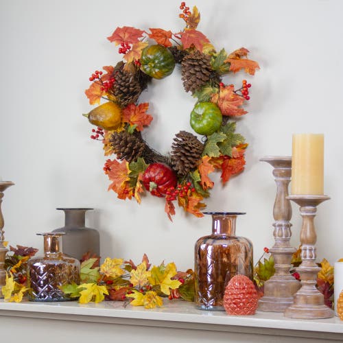 Northlight Leaves, Pine Cones And Pumpkins Artificial Fall Harvest Wreath In Multi