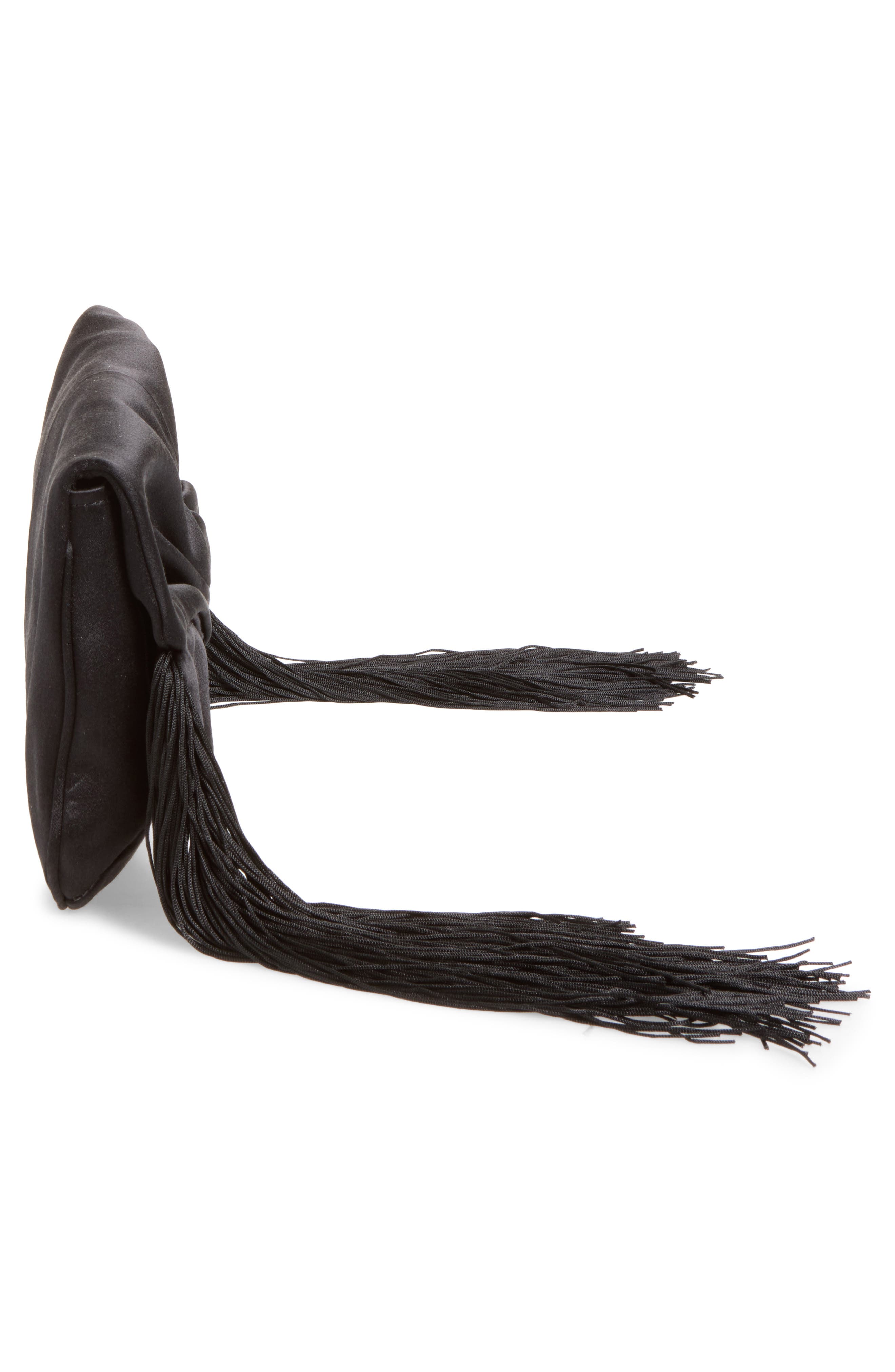Bow Fringe Satin Clutch, Alternate, color, BLACK