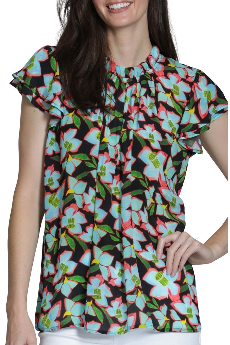 Allover Print Flutter Sleeve Shirt, Main, color, TURQUOISE MULTI