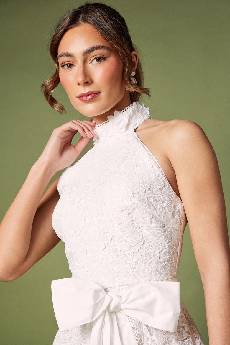 Halterneck Belted Lace Midi Dress, Alternate, color, Ivory