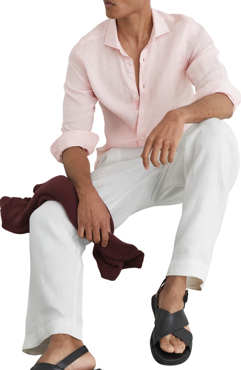 Reiss Ruban Regular Fit Solid Linen Button-Up Shirt, Alternate, color, Rose Pink