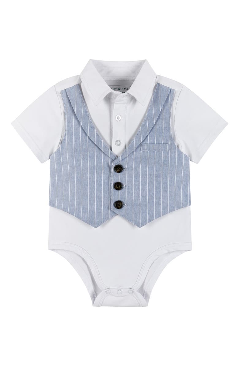 Andy & Evan Stripe Short Sleeve Button-Up Chambray Bodysuit, Shorts & Bow Tie Set, Alternate, color, 