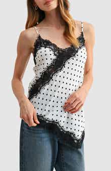 Lush Lace Trim Asymmetrical Polka Dot Camisole
