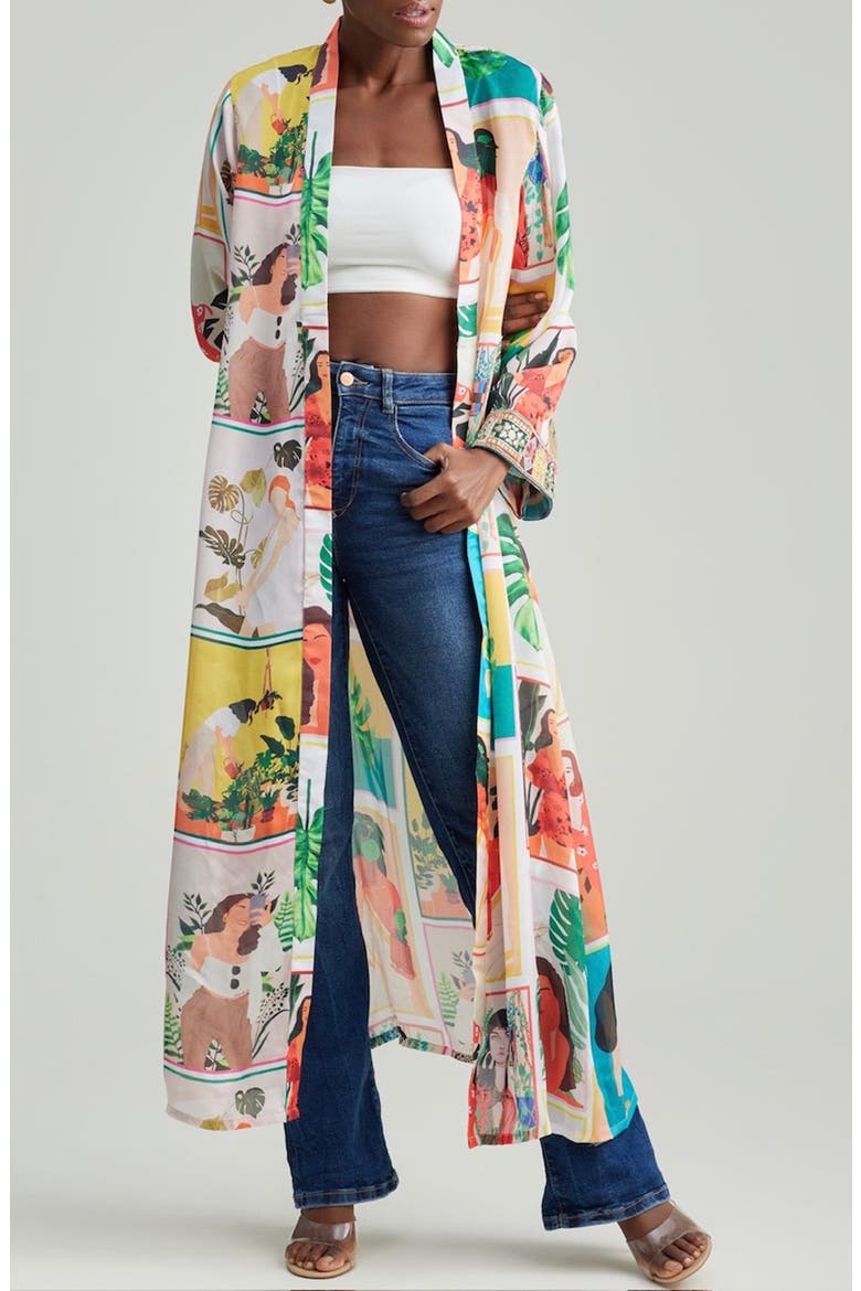 Mixed Graphic Print Open Front Satin Jacket, Main, color, WHITE
