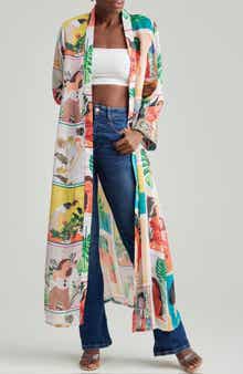 Mixed Graphic Print Open Front Satin Jacket