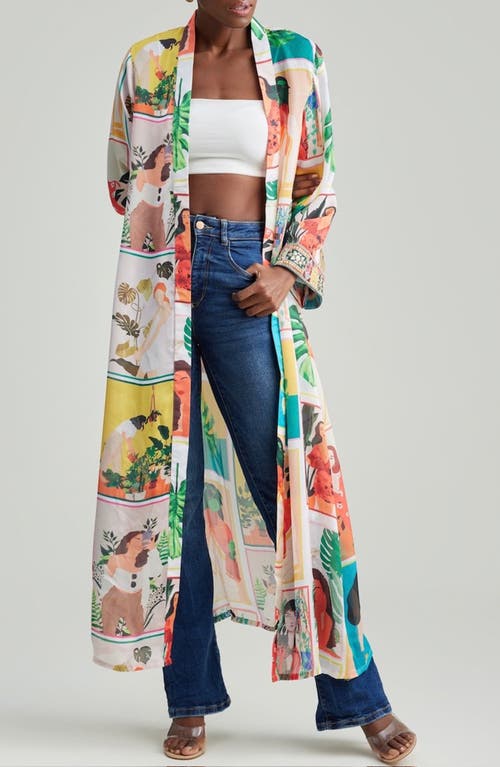 Holichic Mixed Graphic Print Open Front Satin Jacket In White