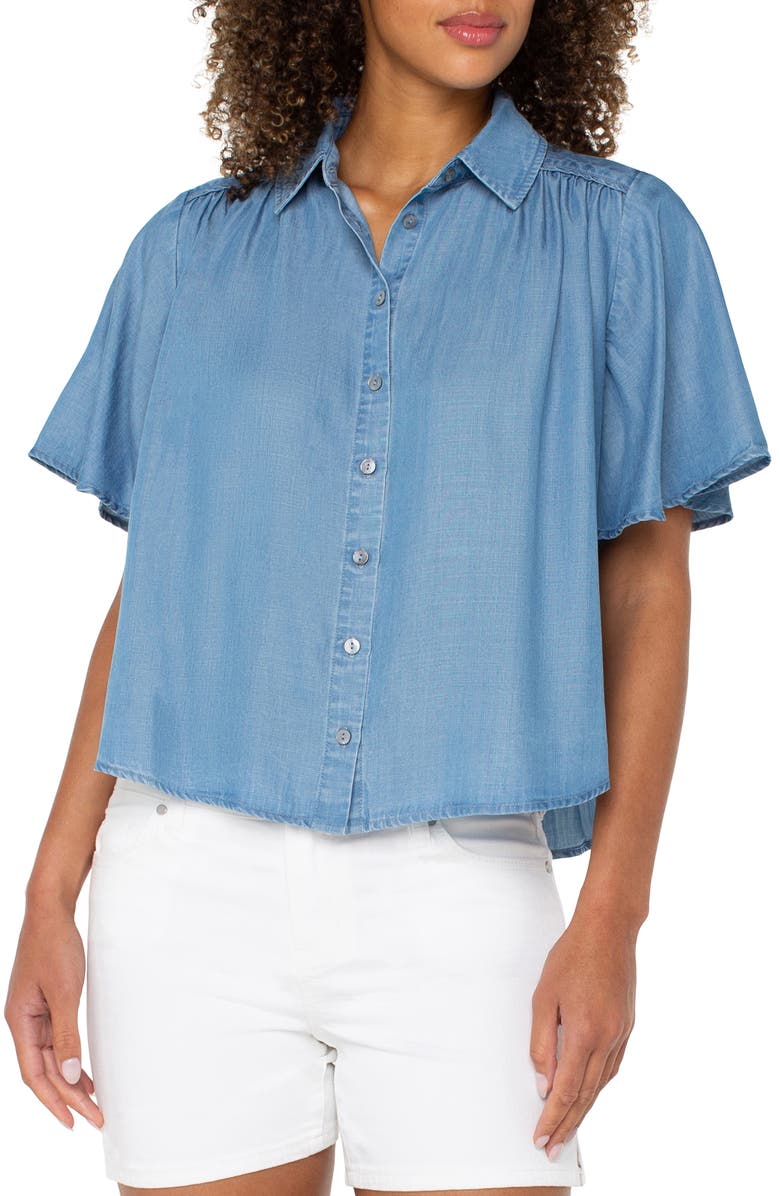 Liverpool Los Angeles Shirred Chambray Short Sleeve Button-Up Shirt, Main, color, 