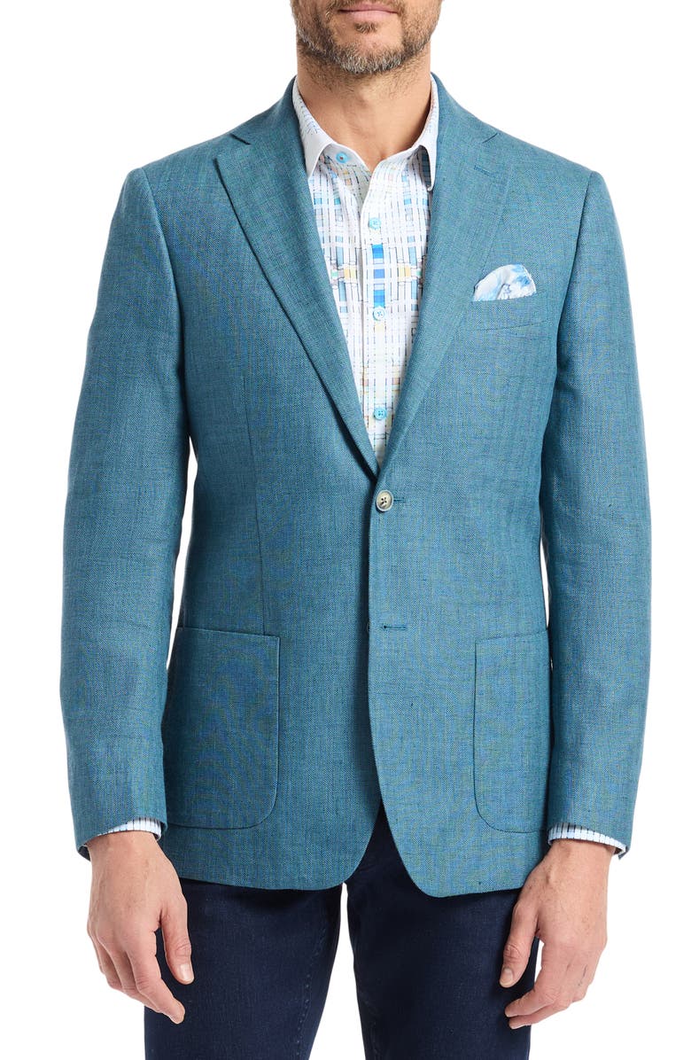Robert Graham Fawler Tailored Fit Teal Blue Linen & Wool Herringbone Sport Coat, Main, color, Light Blue