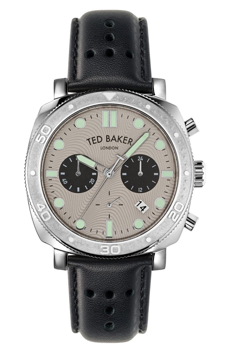 Ted Baker London Caine Chronograph Leather Strap Watch, 44mm, Main, color, Silver/ Silver/ Black