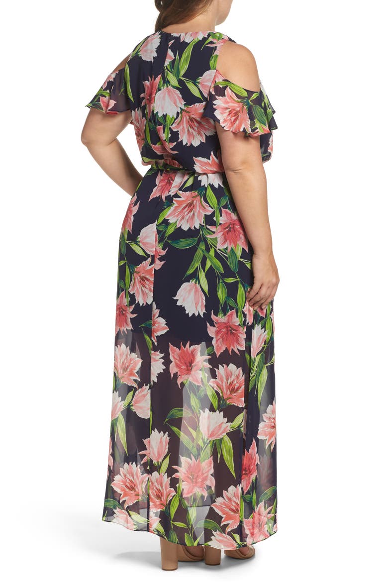 Floral Chiffon Cold Shoulder Maxi Dress, Alternate, color, NAVY/ CORAL