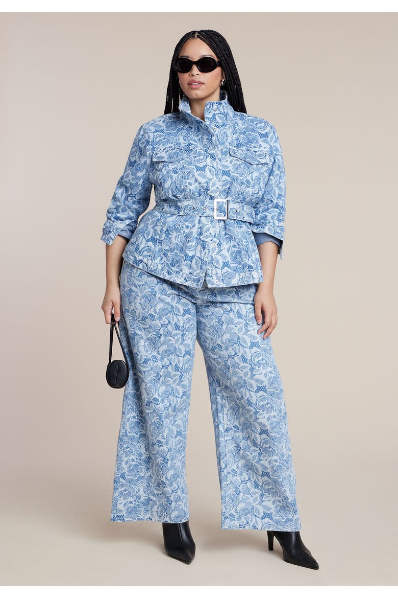 Lace Printed Denim Belted Jacket, Alternate, color, CHANTILLY DENIM