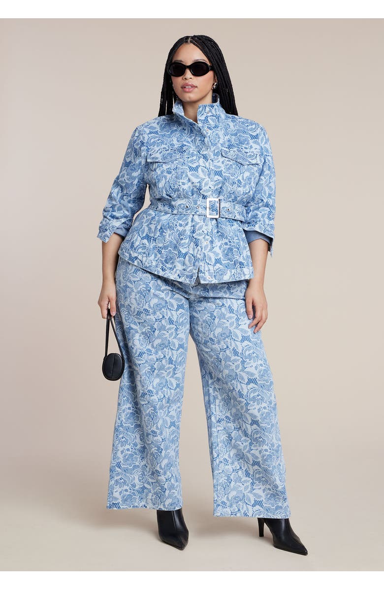 ELOQUII Lace Printed Denim Belted Jacket, Alternate, color, Chantilly Denim