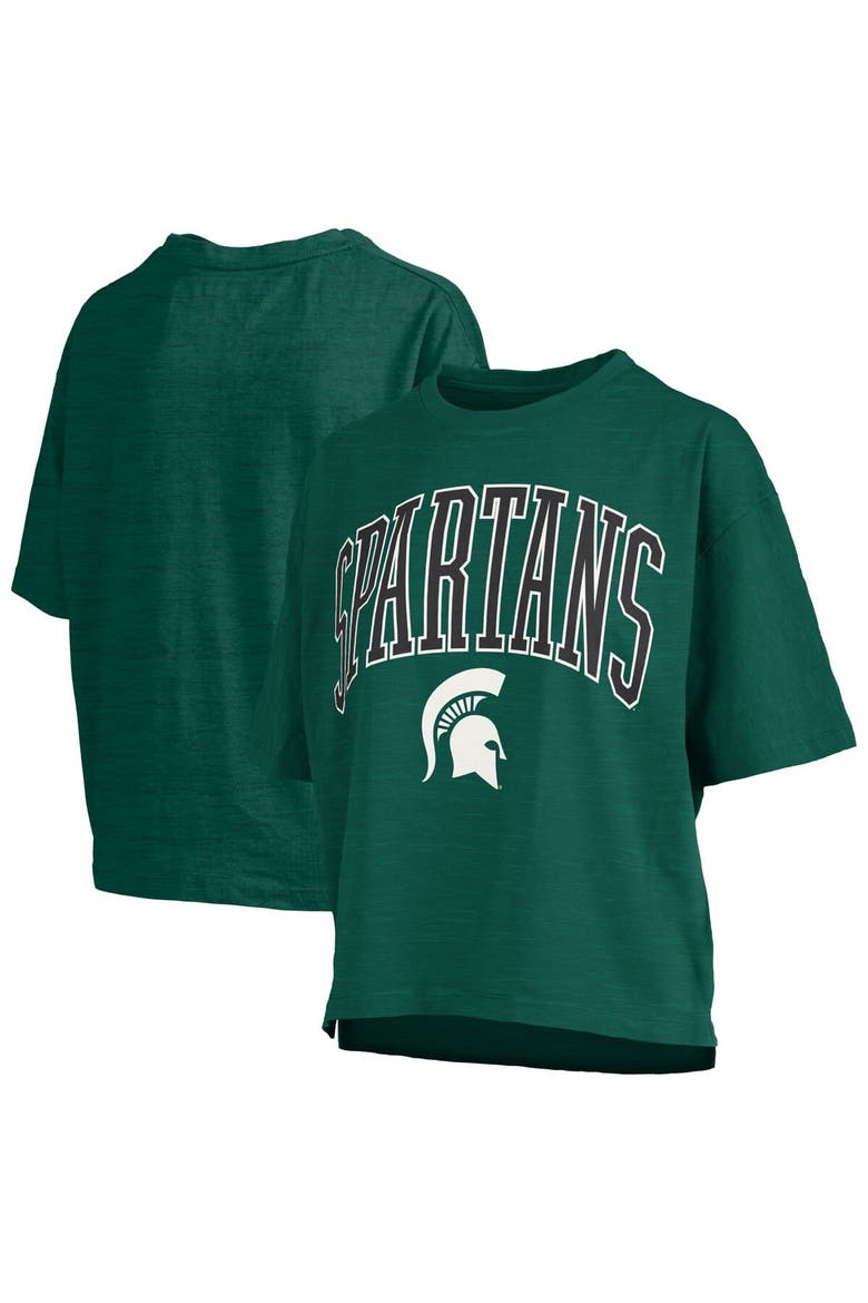 Women's Pressbox Green Michigan State Spartans Nelson Arch Over Logo Waist Length Oversized Slub T-Shirt, Alternate, color, Green