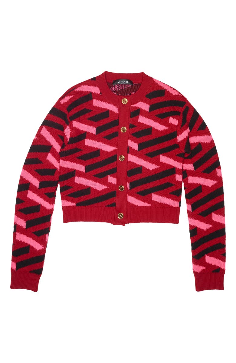 Versace La Greca Monogram Crop Wool Cardigan, Alternate, color, 