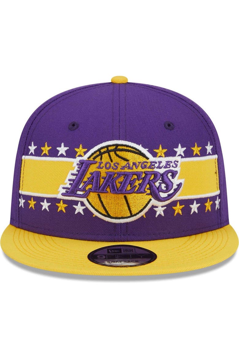 Men's New Era Purple Los Angeles Lakers Banded Stars 9FIFTY Snapback Hat, Alternate, color, Purple