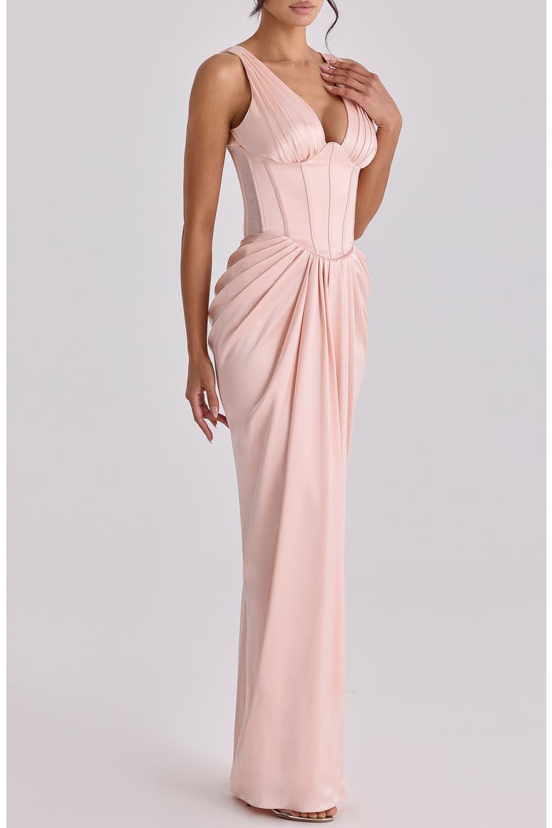 Angeline Sleeveless Satin Corset Gown, Alternate, color, BLUSH