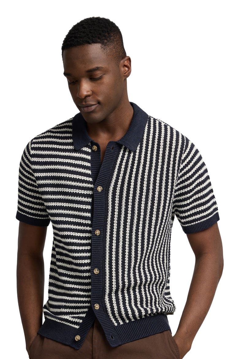Knit Linen Button Up Short Sleeve, Alternate, color, Midnight/Egret