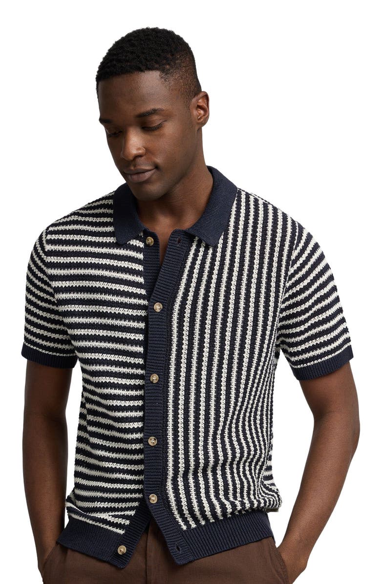 Onia Knit Linen Button Up Short Sleeve, Alternate, color, Midnight/Egret