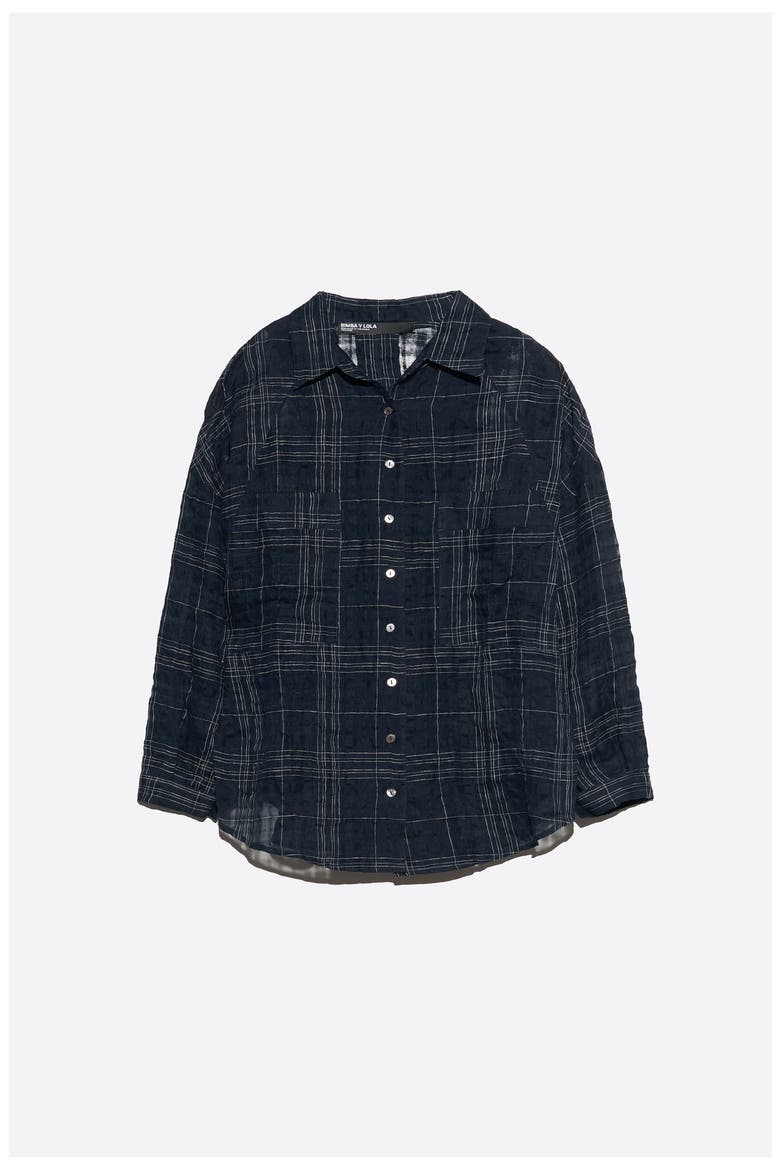 Checked linen blend oversize shirt, Alternate, color, NAVY