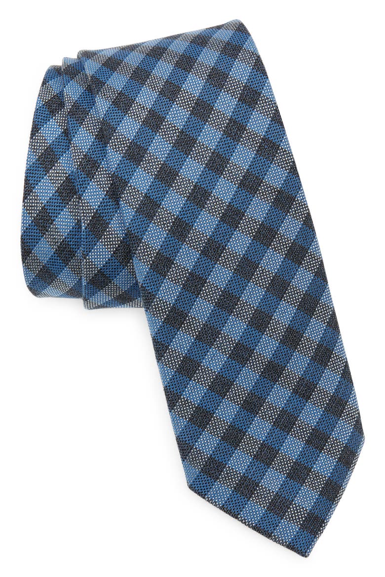 Gingham Cotton & Silk Skinny Tie, Main, color, BLUE