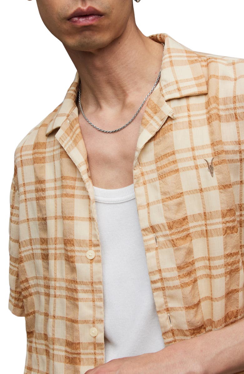 AllSaints Buddy Plaid Textured Camp Shirt, Alternate, color, Faded Taupe