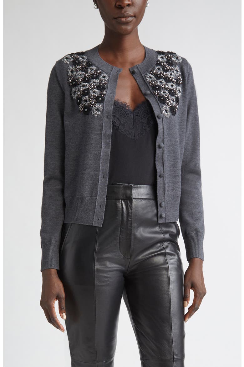 Floral Embellished Wool & Silk Cardigan, Main, color, MEDIUM GREY MELANGE