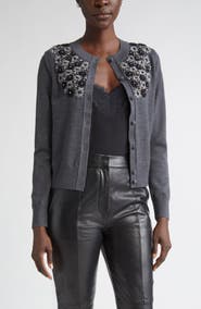 ST. JOHN Floral Embellished Wool & Silk Cardigan