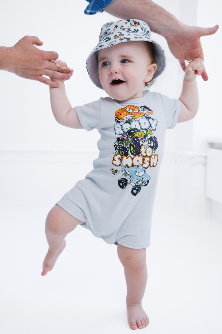 One Piece Romper and Bucket Hat Set, Alternate, color, Blue Gray