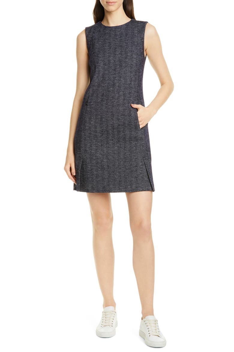 Vent Front Wool & Cotton Blend Shift Dress, Main, color, NAVY MULTI
