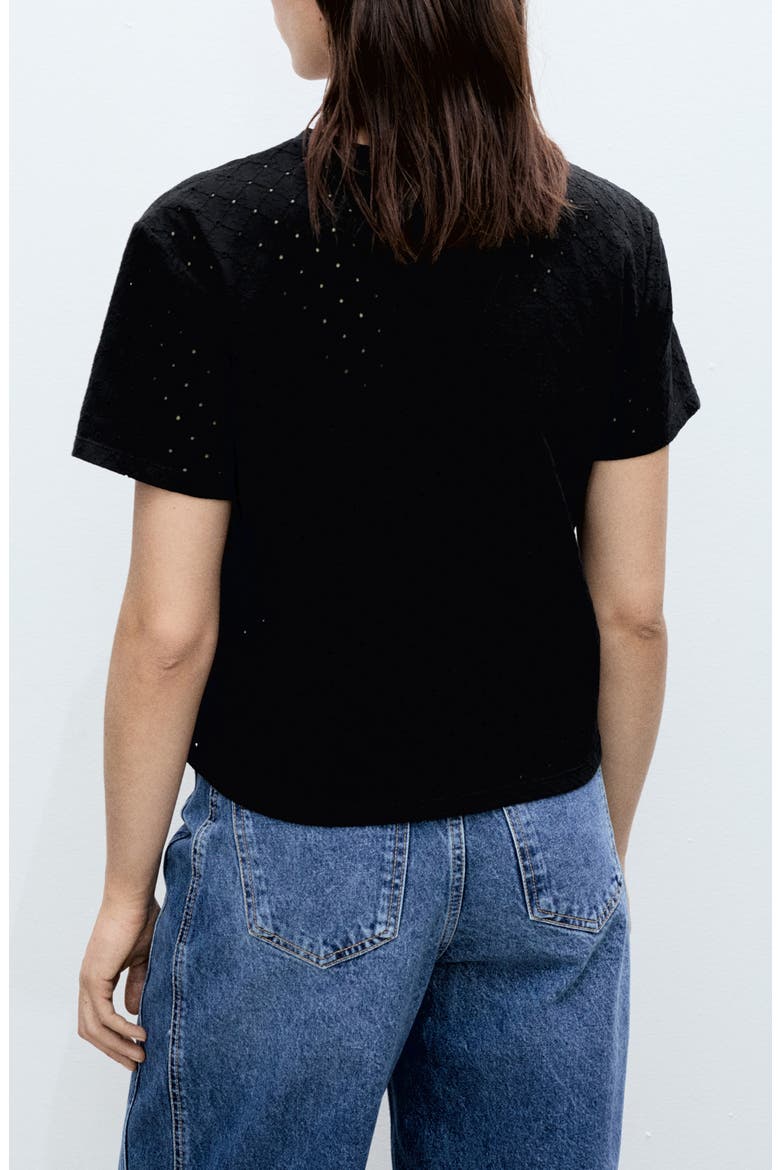 Embroidered Openwork Cotton T-Shirt, Alternate, color, BLACK