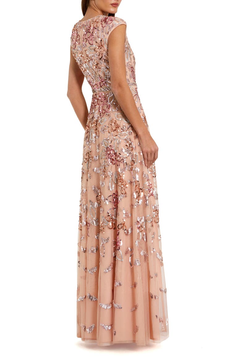 Women's Sequined High Neck Cap Sleeve A Line Gown, Alternate, color, Coral