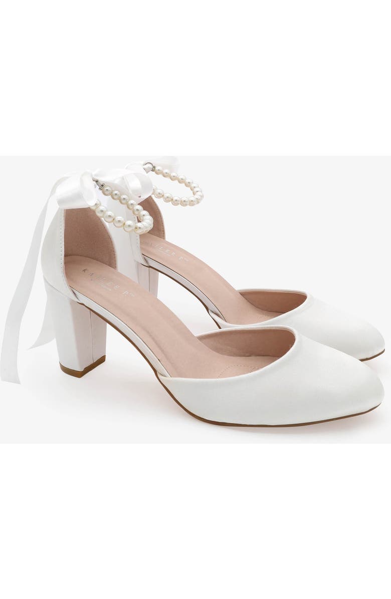 Kailee P Sarah Satin Wedding Block Heel with All Pearls Ankle Strap, Main, color, White