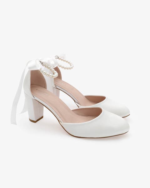 Sarah Satin Wedding Block Heel with All Pearls Ankle Strap
