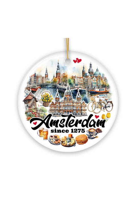 Amsterdam Canals Watercolor Round Ceramic Ornament