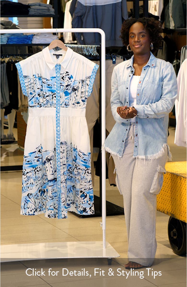 City Scene Print Stretch Cotton Midi Shirtdress, sales video thumbnail