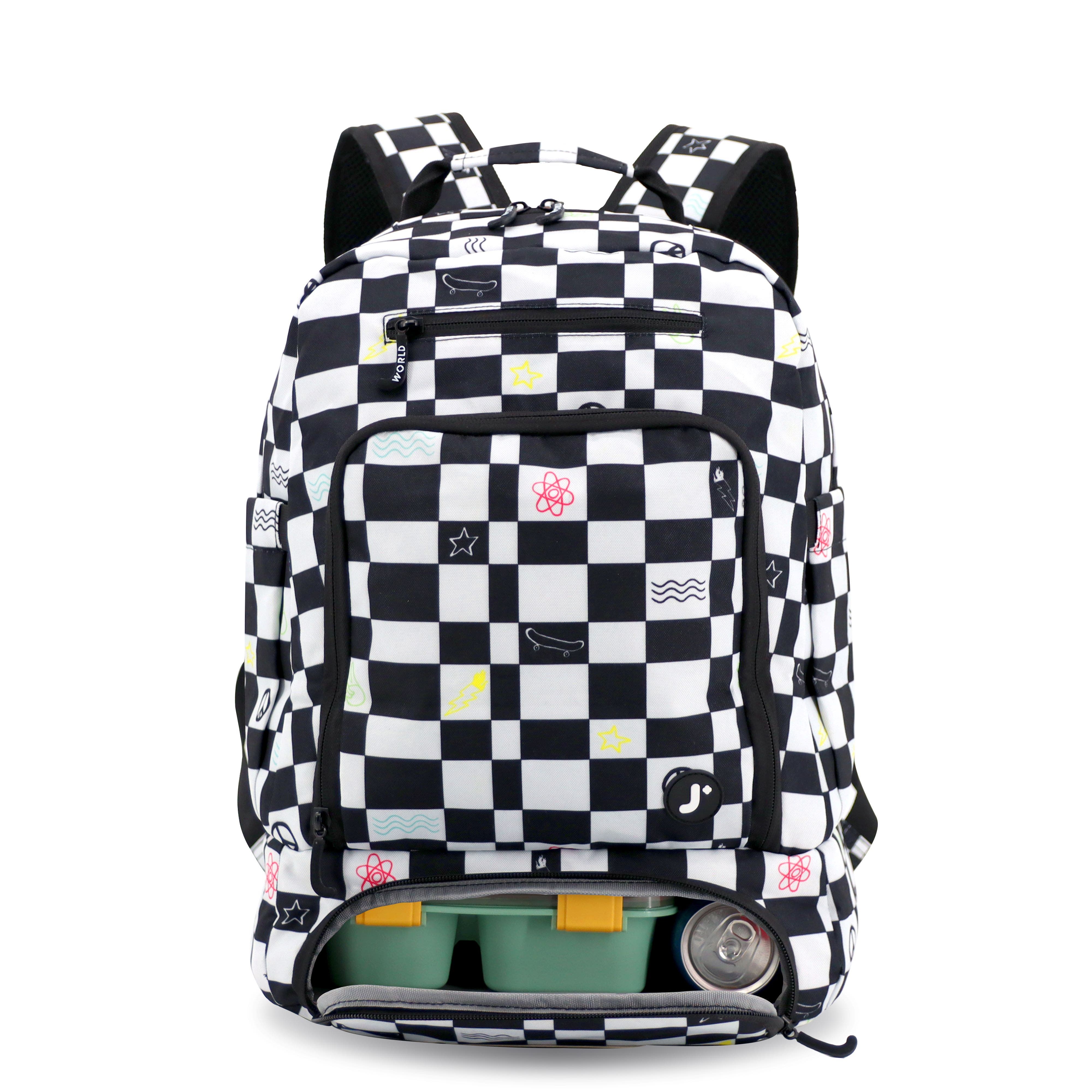J World Unisex Packmate 2 in 1 School Backpack With Built-in Lunch Bag, Alternate, color, Icon Checkers
