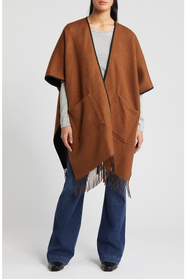 Reversible Pocket Wool & Cashmere Ruana, Alternate, color, BLACK- RUST COMBO