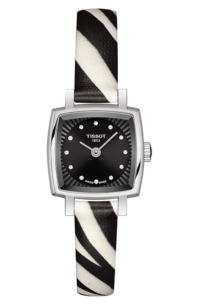Tissot Lovely Wild Diamond Leather Strap Watch, 20mm, Main, color, Black/White