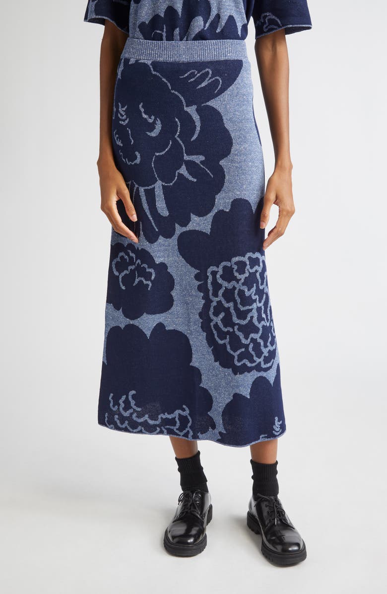 Marimekko Sivellys Pioni Linen Blend Sweater Skirt, Main, color, Dark Blue