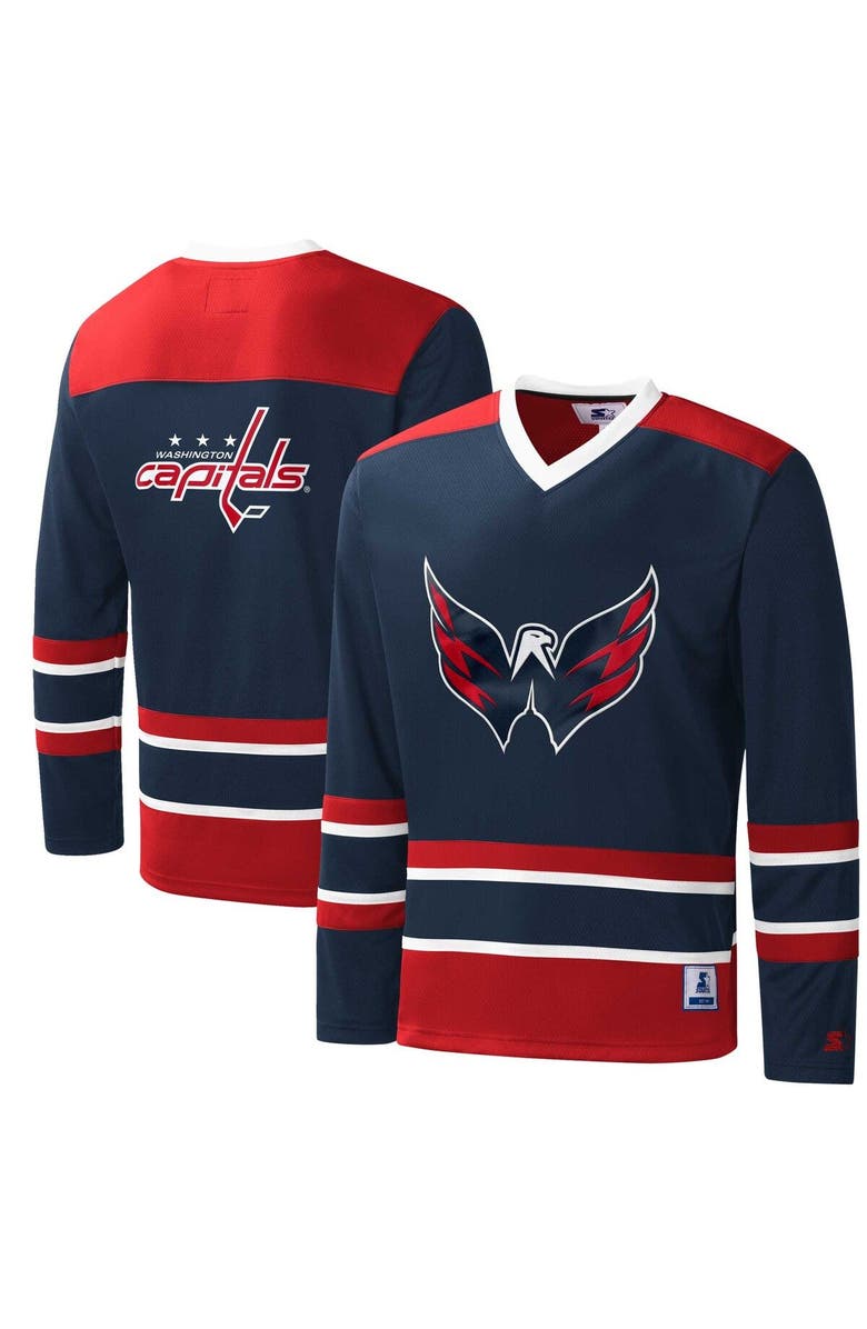 STARTER Men's Starter Navy/Red Washington Capitals Cross Check Jersey V-Neck Long Sleeve T-Shirt, Main, color, Navy