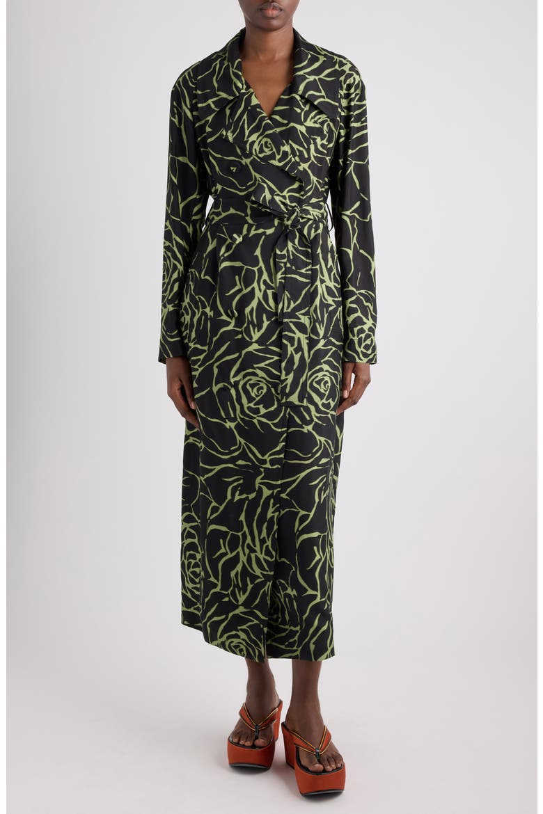 Rolana Giant Couture Rose Print Belted Crepe Trench Coat, Main, color, BLACK