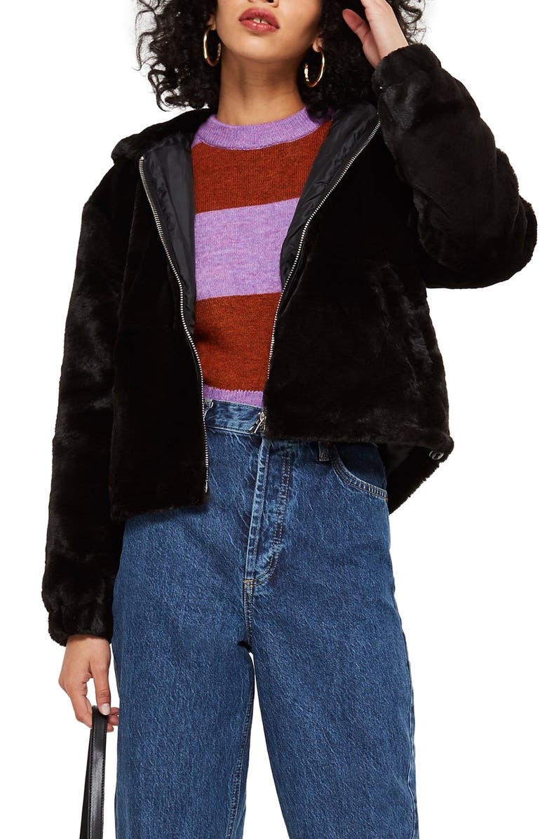 Topshop Faux Fur Zip Hoodie, Main, color, 