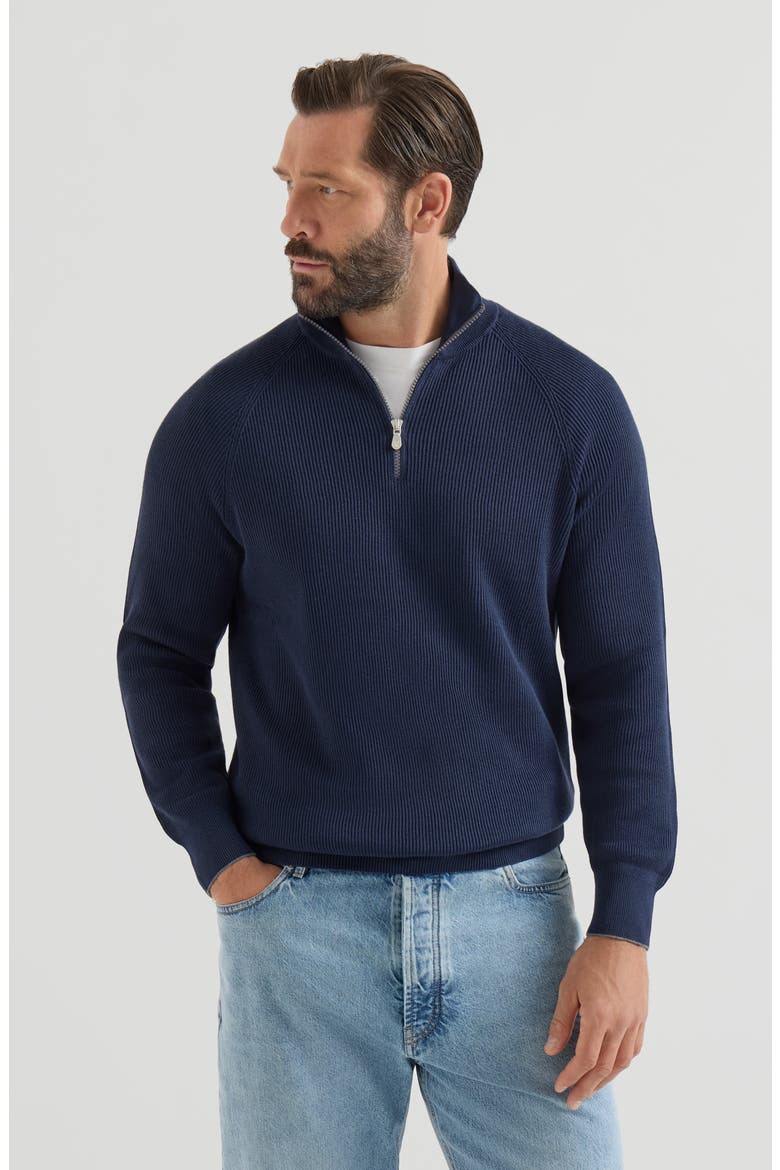 Cotton English rib sweater with half zip and raglan sleeves, Main, color, Navy Blue