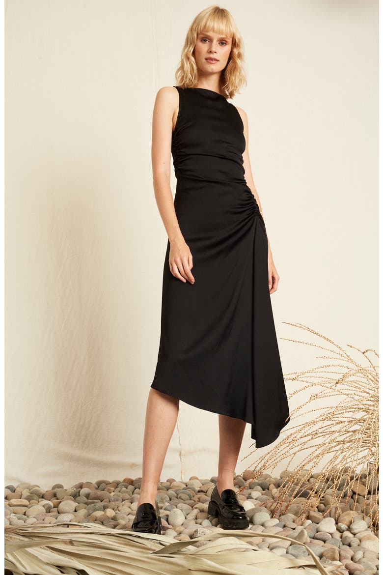 Finch Ruched Satin Midi Dress, Alternate, color, METEORITE