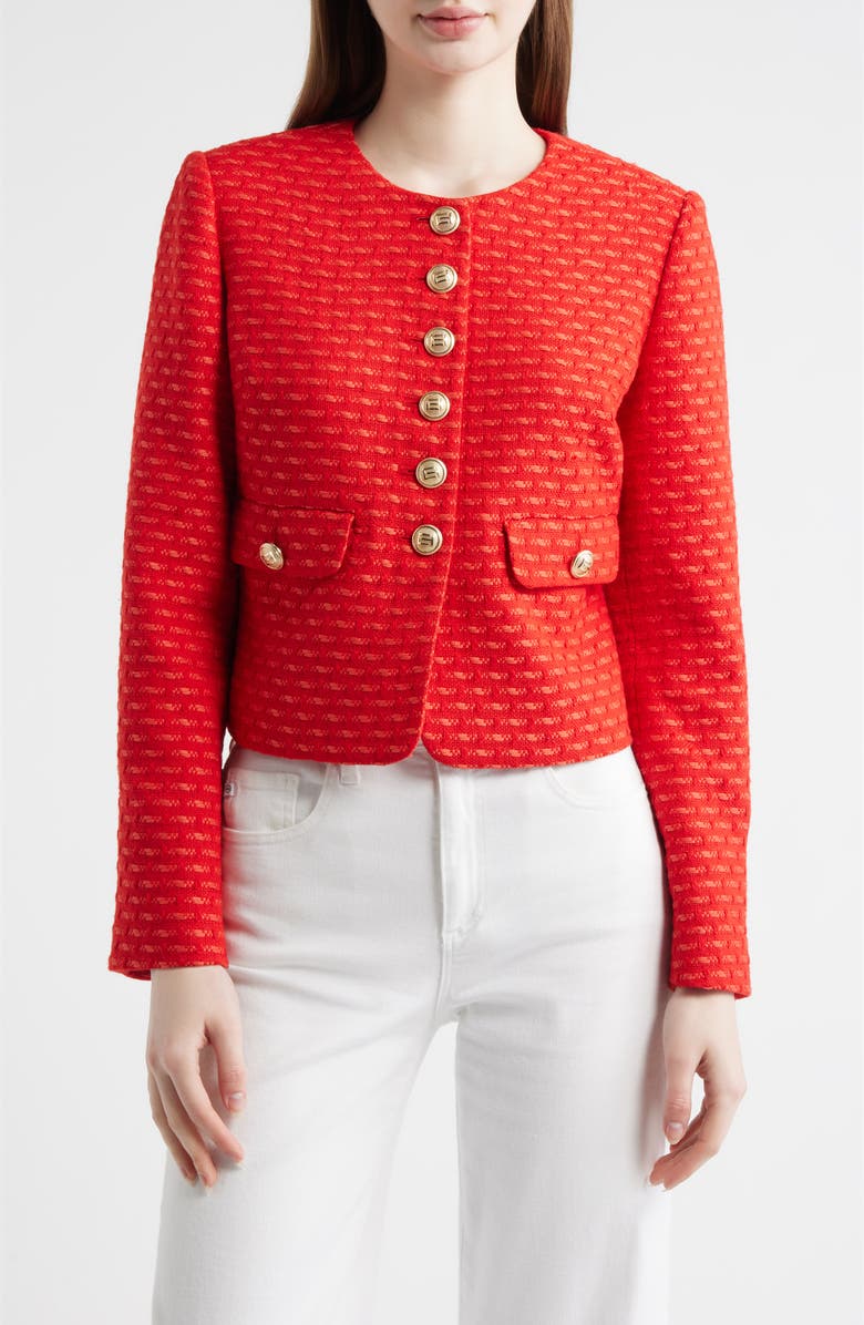 Elie Tahari The Marlena Metallic Tweed Jacket, Main, color, Poppy Glow Tweed