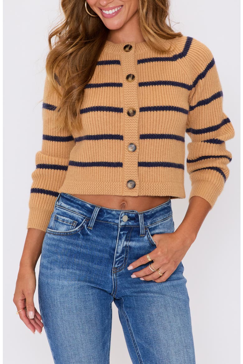 Nadia Stripe Crop Cardigan, Main, color, CAMEL NAVY