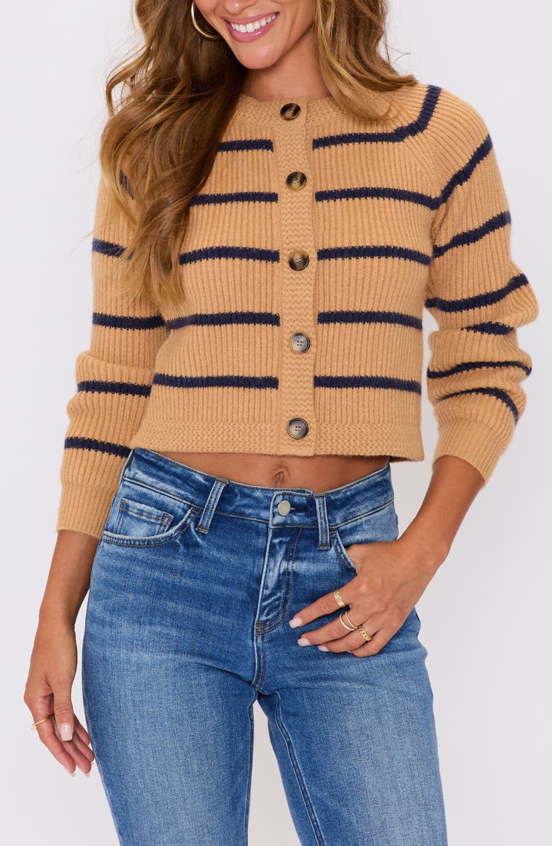 VICI Collection Nadia Stripe Crop Cardigan, Main, color, Camel Navy