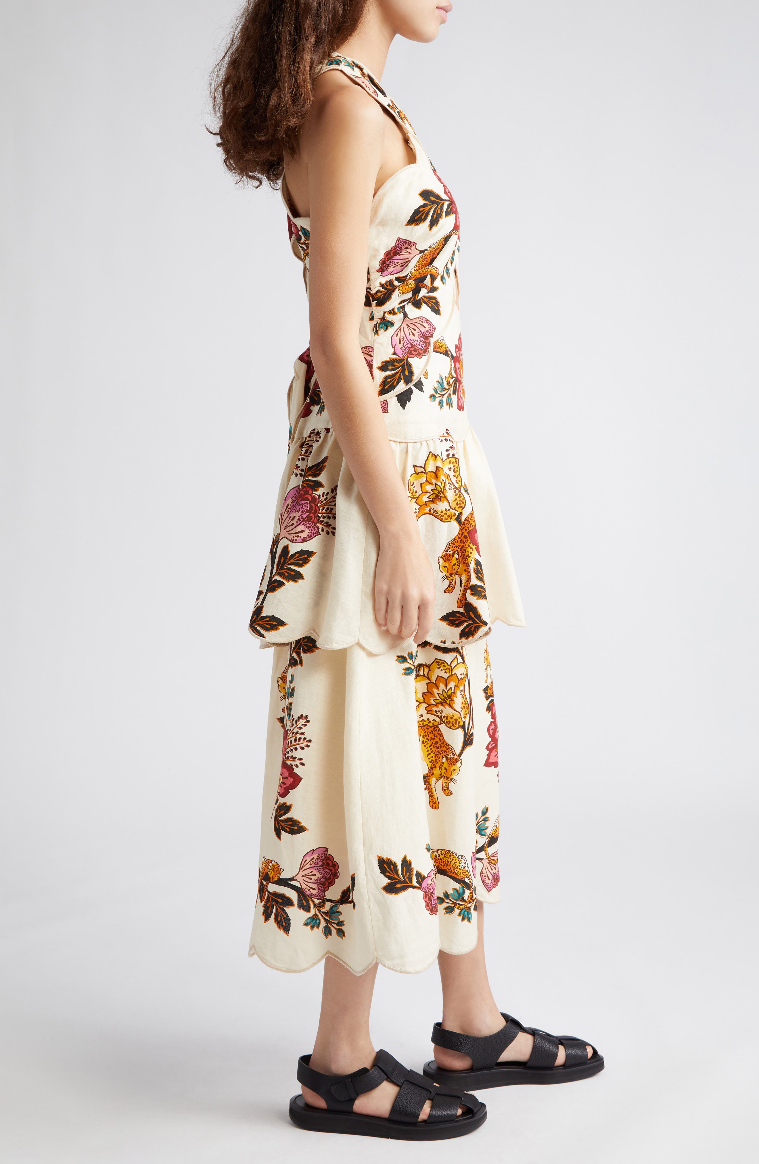 sand leopard flowers cut out midi dress Leopard Flowers Print Cutout Detail Linen Blend Dress (Women)