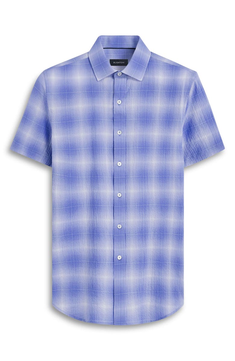 Bugatchi Ombré Check Short Sleeve Cotton Seersucker Button-Up Shirt, Alternate, color, Azure